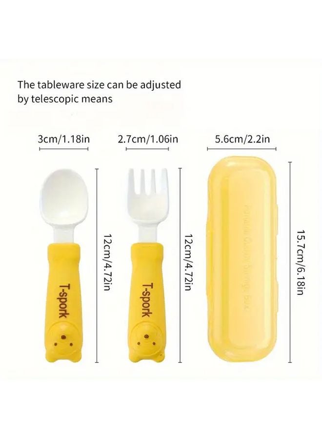 Yellow Kids Utensil Set Adjustable Length Self Feeding Training Tableware Portable Case Home Travel Gift - Image 3